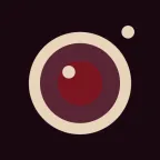 The Four Cuts app icon: a cream camera lens with a deep red centre on a dark plum background.