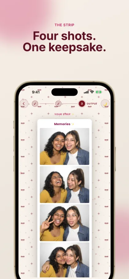 Four Cuts App Store screenshot headed 'Four shots. One keepsake.', showing the app with a vertical photo strip of two smiling people in four different poses.